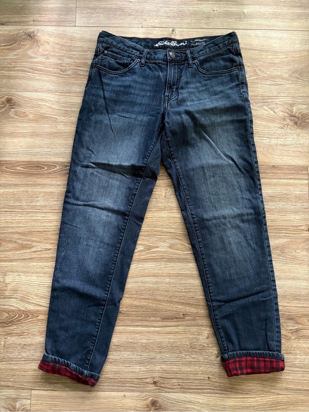 Eddie Bauer Women’s Boyfriend Relaxed fit Blue Denim Jeans with Red Plaid
